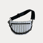 Reese Quilted Nylon Sling in White, shown with resin chain and black adjustable strap
