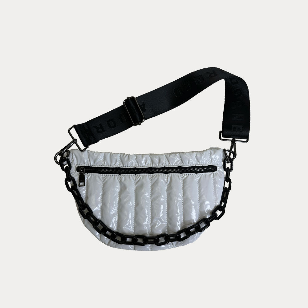 Reese Quilted Nylon Sling in White, shown with resin chain and black adjustable strap