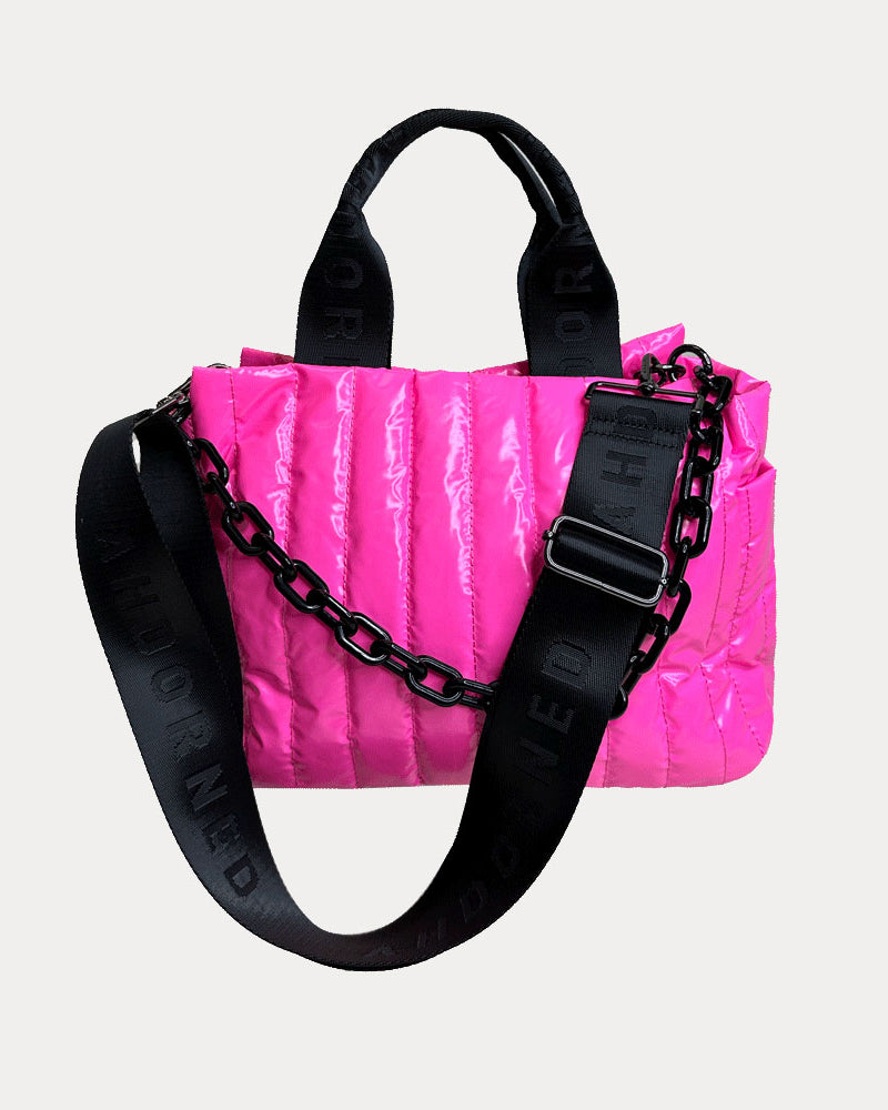 Rosie Quilted Nylon Tote in Pink, shown with resin chain and black adjustable strap