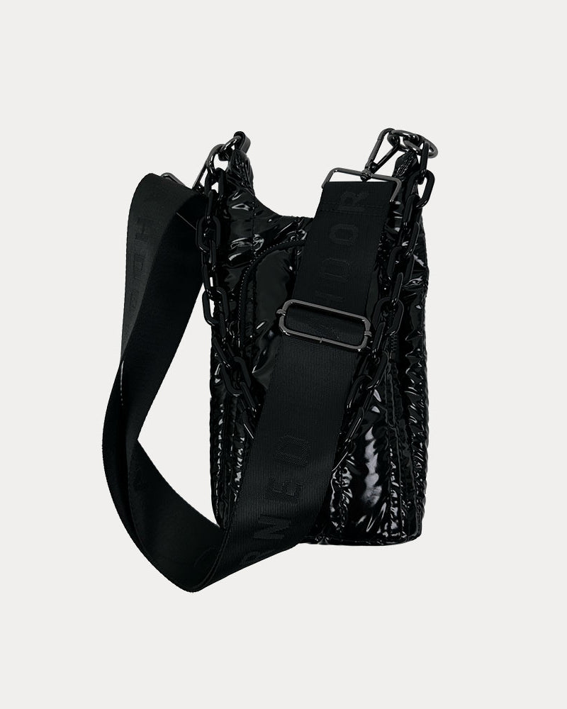 Roxy Quilted Nylon Water Bottle bag in Black, shown with resin chain and black adjustable strap