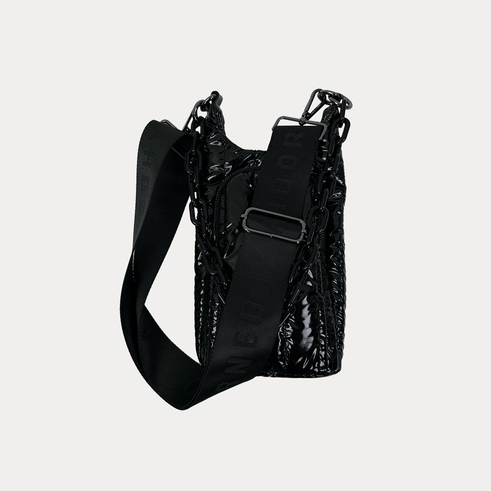 Roxy Quilted Nylon Water Bottle bag in Black, shown with resin chain and black adjustable strap