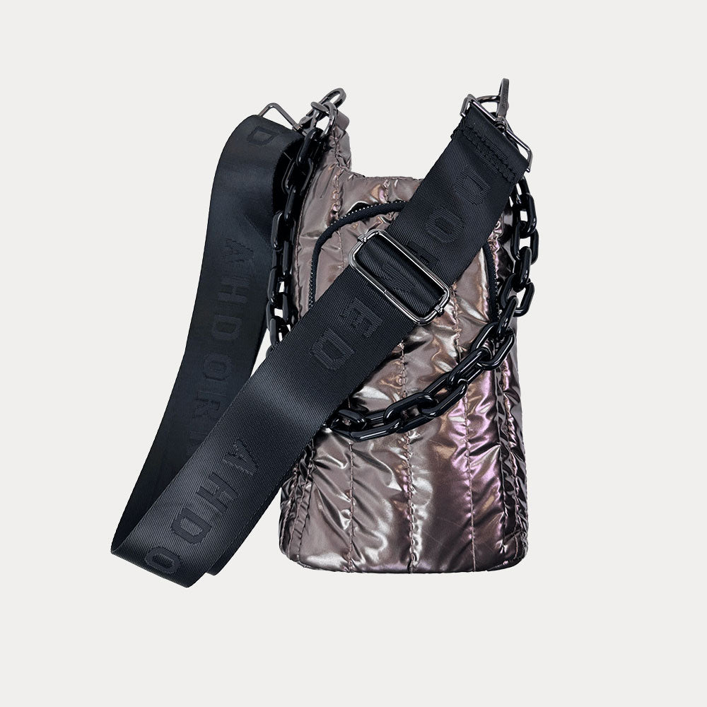 Roxy Quilted Nylon Water Bottle bag in Bronze, shown with resin chain and black adjustable strap
