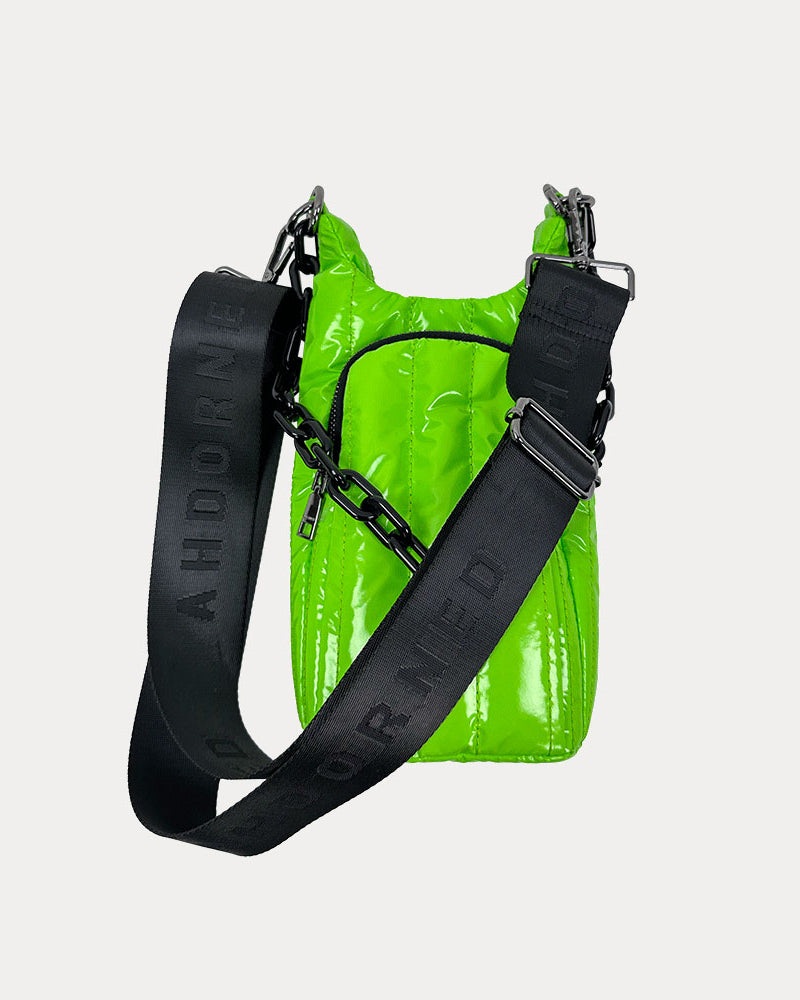 Roxy Quilted Nylon Water Bottle bag in Green, shown with resin chain and black adjustable strap