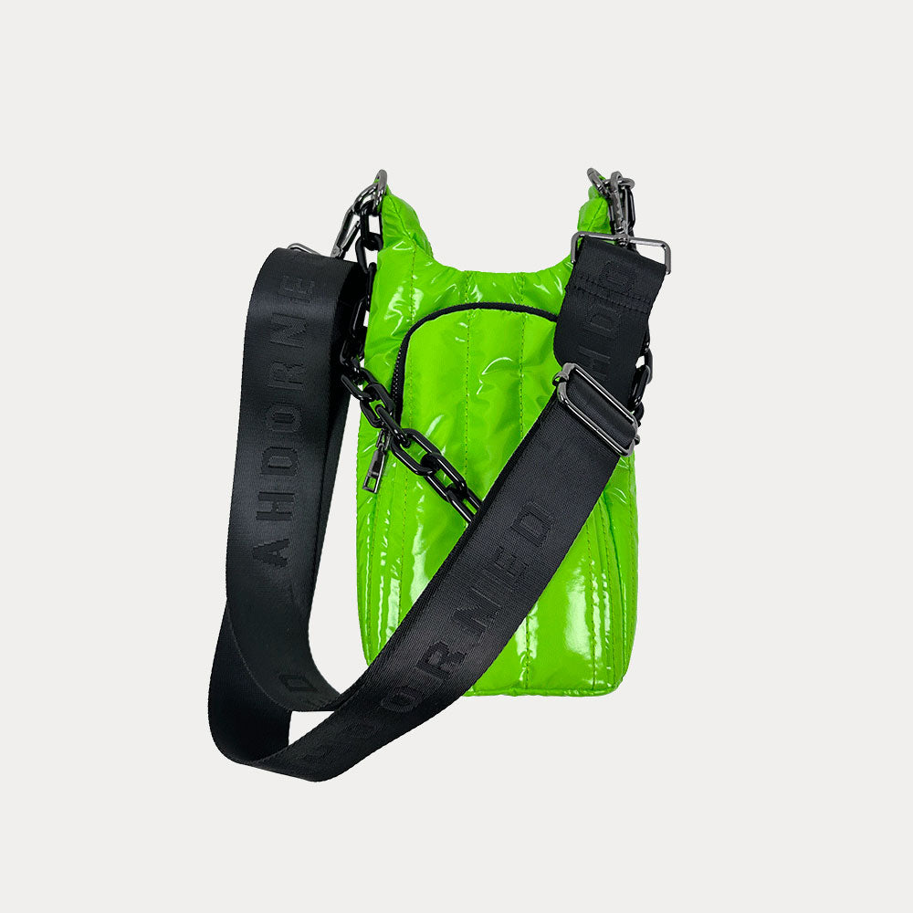 Roxy Quilted Nylon Water Bottle bag in Green, shown with resin chain and black adjustable strap