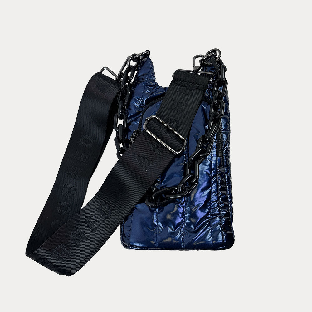 Roxy Quilted Nylon Water Bottle bag in Navy, shown with resin chain and black adjustable strap