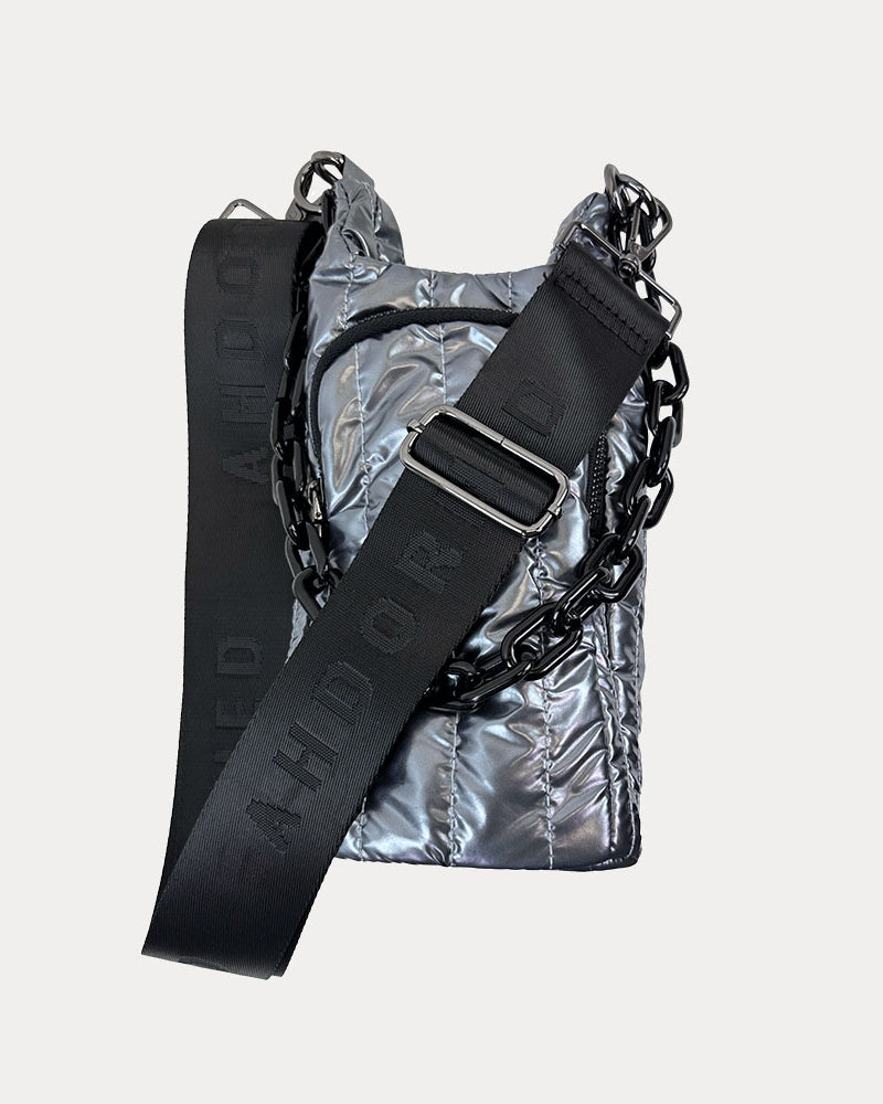 Roxy Quilted Nylon Water Bottle bag in Pewter, shown with resin chain and black adjustable strap