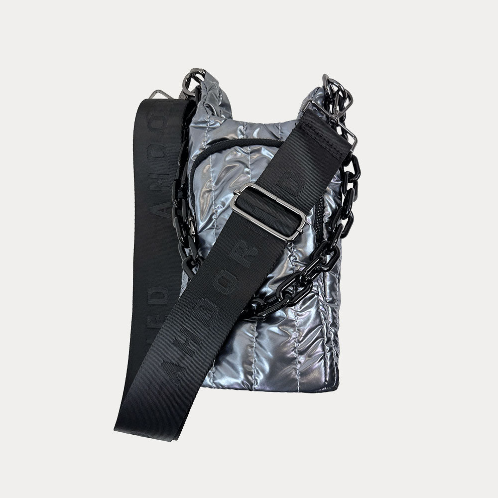 Roxy Quilted Nylon Water Bottle bag in Pewter, shown with resin chain and black adjustable strap