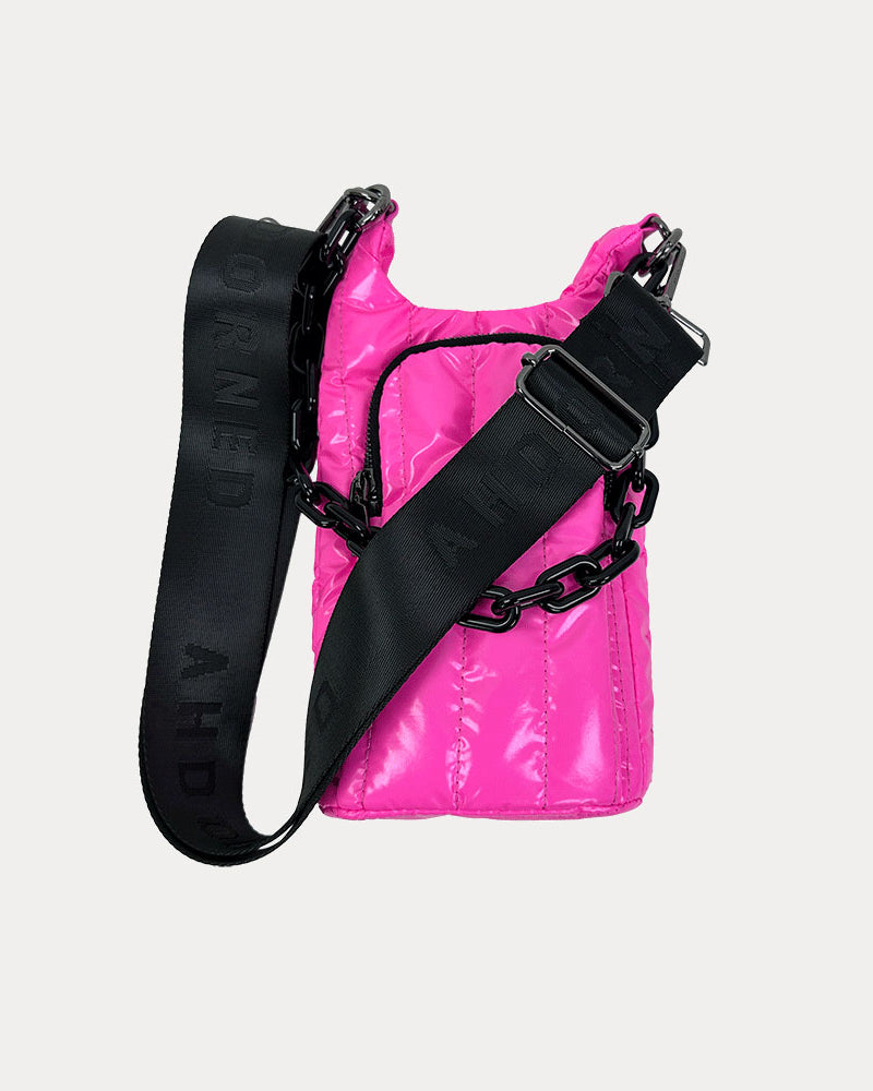 Roxy Quilted Nylon Water Bottle bag in Pink, shown with resin chain and black adjustable strap