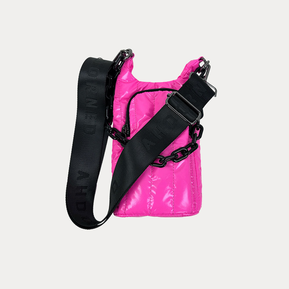 Roxy Quilted Nylon Water Bottle bag in Pink, shown with resin chain and black adjustable strap
