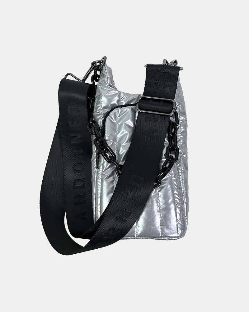 Roxy Quilted Nylon Water Bottle bag in Silver, shown with resin chain and black adjustable strap