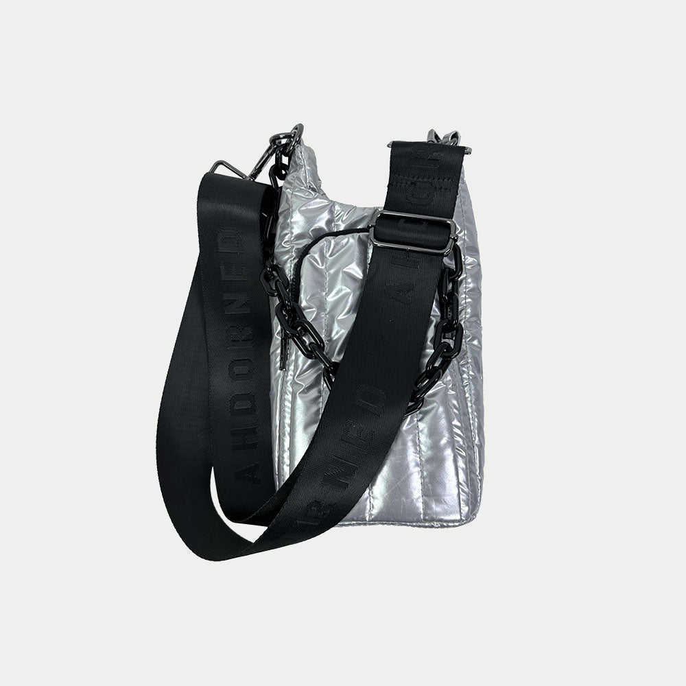 Roxy Quilted Nylon Water Bottle bag in Silver, shown with resin chain and black adjustable strap