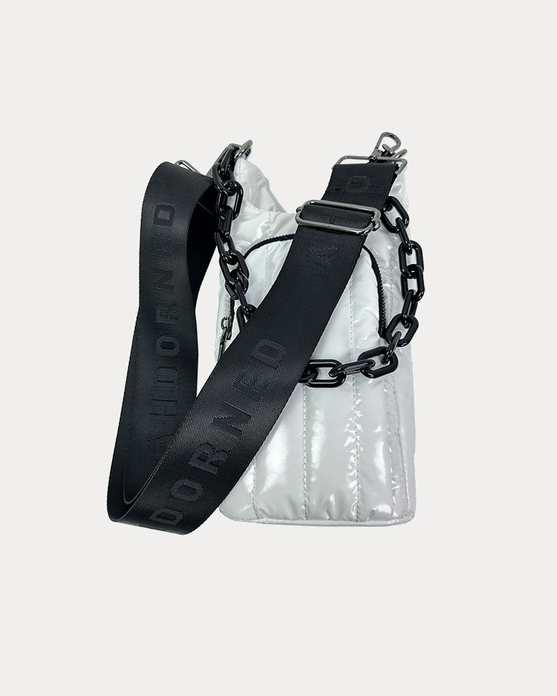 Roxy Quilted Nylon Water Bottle bag in White, shown with resin chain and black adjustable strap
