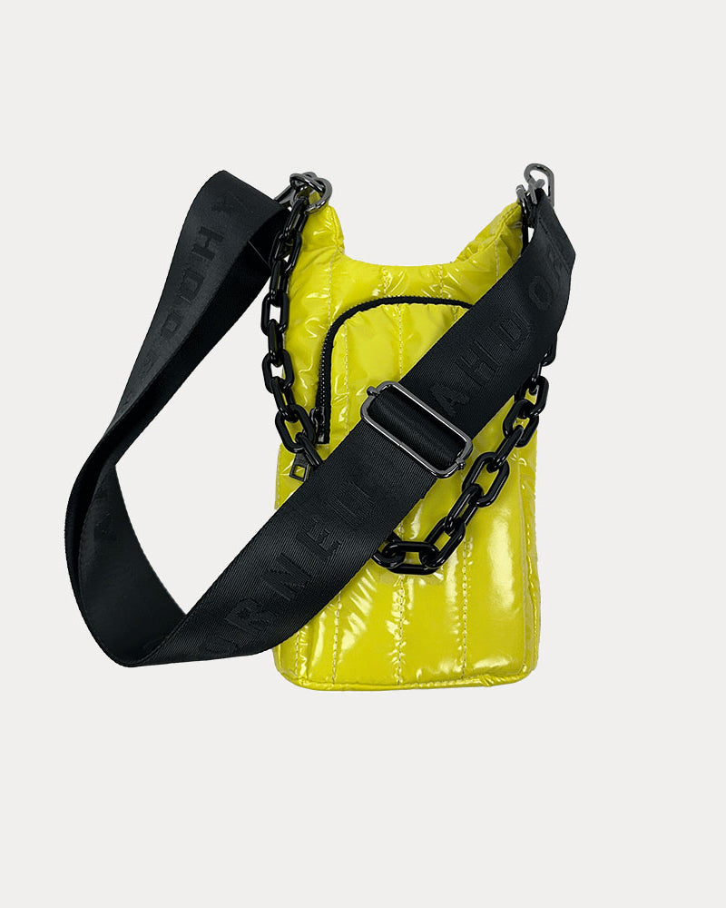 Roxy Quilted Nylon Water Bottle bag in Yellow, shown with resin chain and black adjustable strap