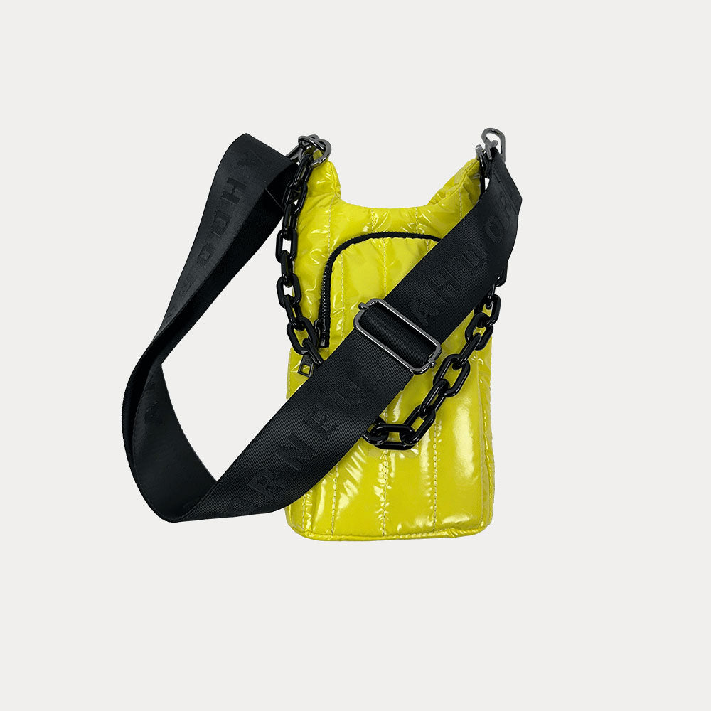 Roxy Quilted Nylon Water Bottle bag in Yellow, shown with resin chain and black adjustable strap