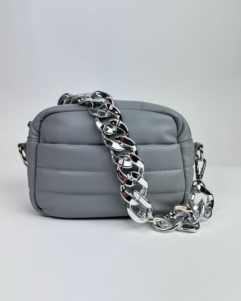 grey bag with silver resin chain bag strap