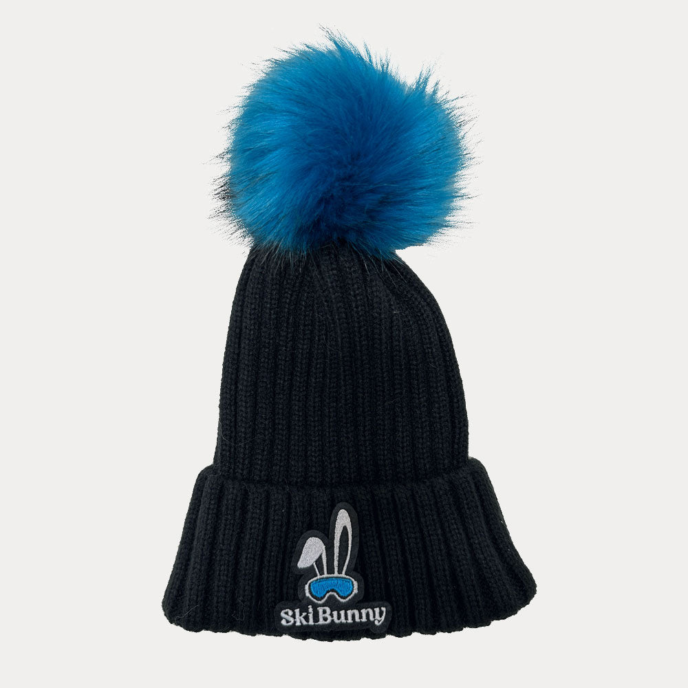 Black ski bunny hat with blue moon pom pom and blue moon ski bunny patch