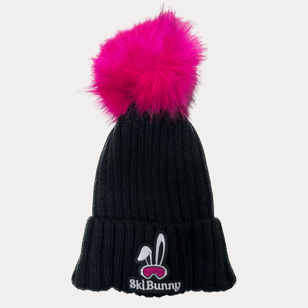 Black ski bunny hat with pink pom pom and pink ski bunny patch