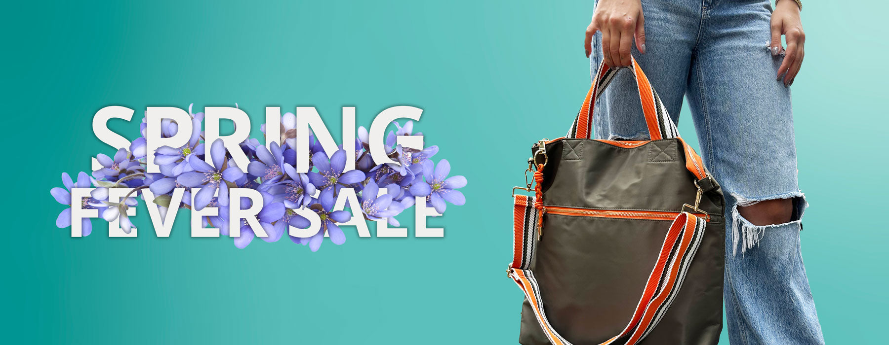 Text with Flowers around it: Spring Fever Sale. Image of the a woman holding the Nicole tote.