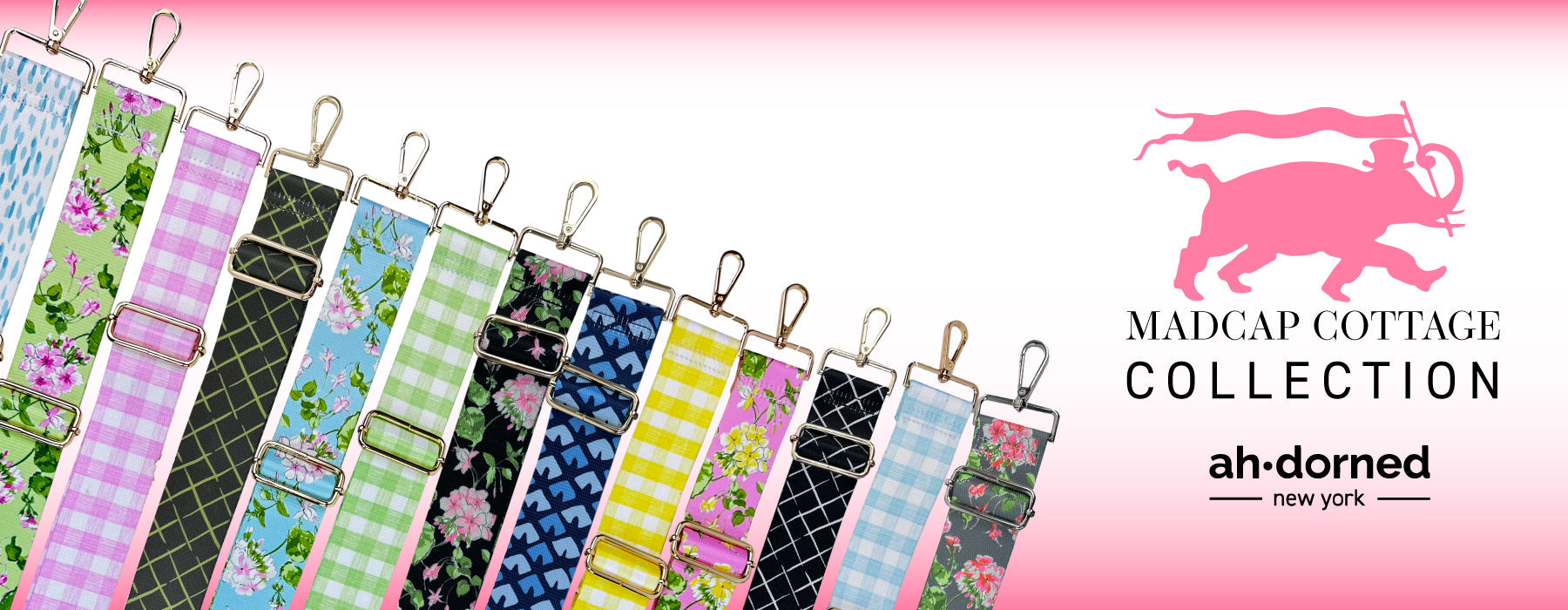 Pink background with Madcap Cottage Collection Logo next to Bag Straps