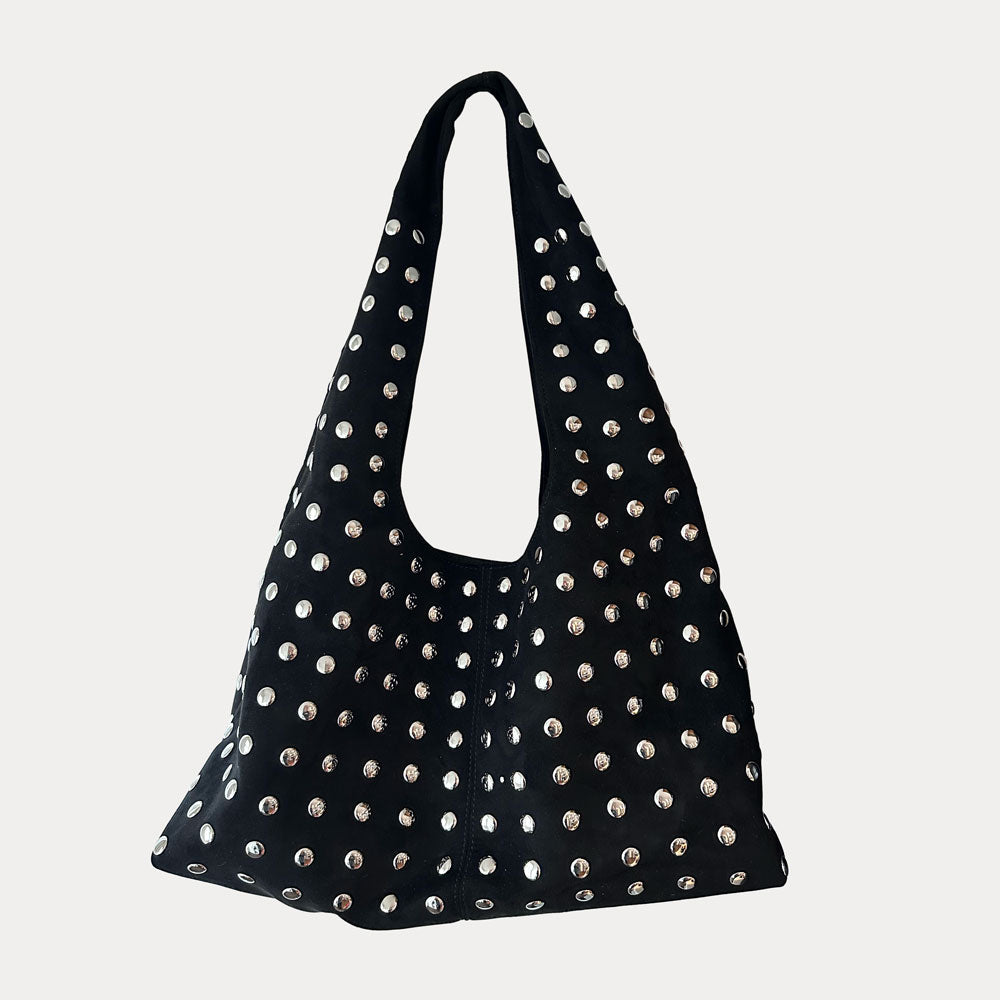 Black Slouchy Shoulder Bag with Silver Studs