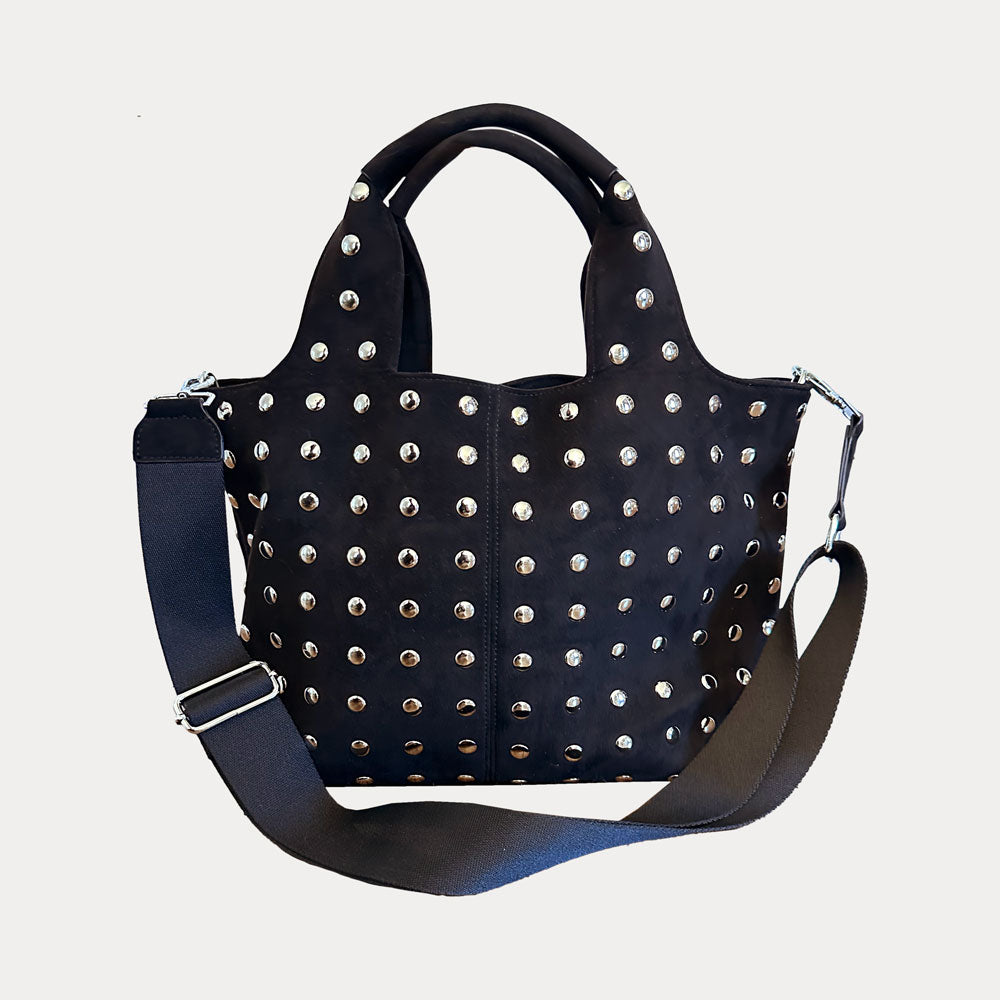 Black Tote with silver studs on a light gray background