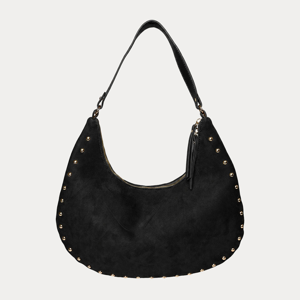 Black vegan suede handbag with studs on a light gray background