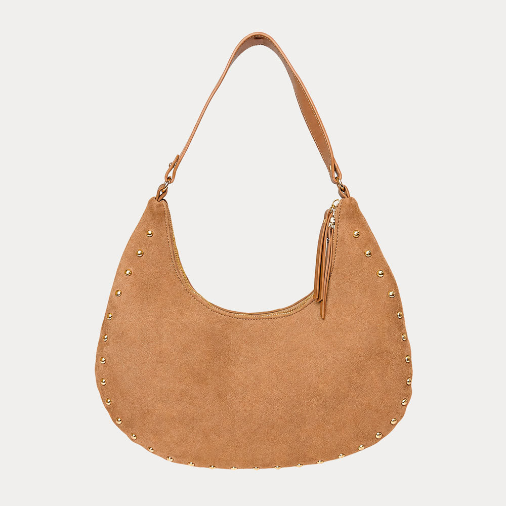 Ginger vegan suede handbag with studs on a light gray background