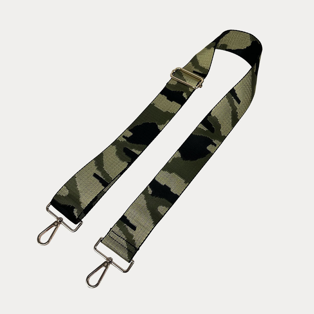 Army Camouflage-patterned strap with metal clasps on a light gray background
