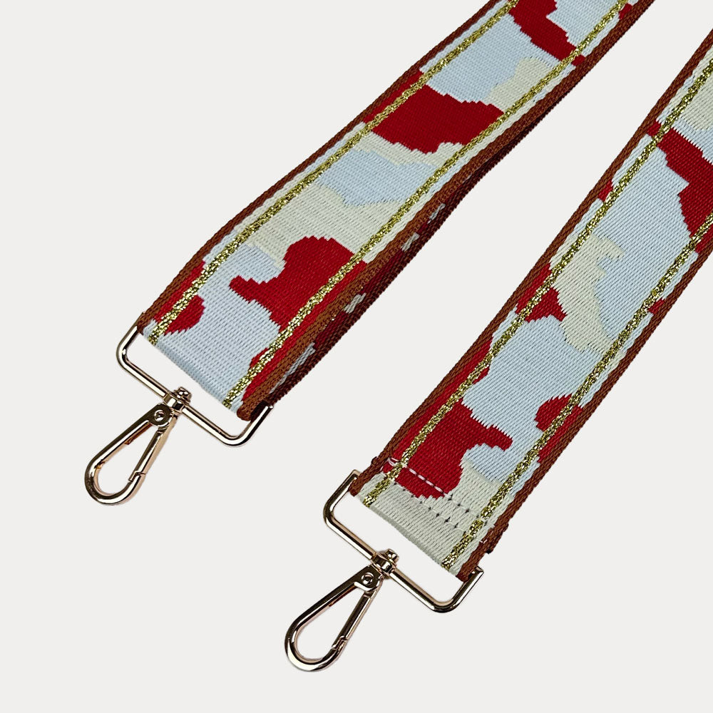 Red/Cream camouflage patterned strap with gold metal clasps