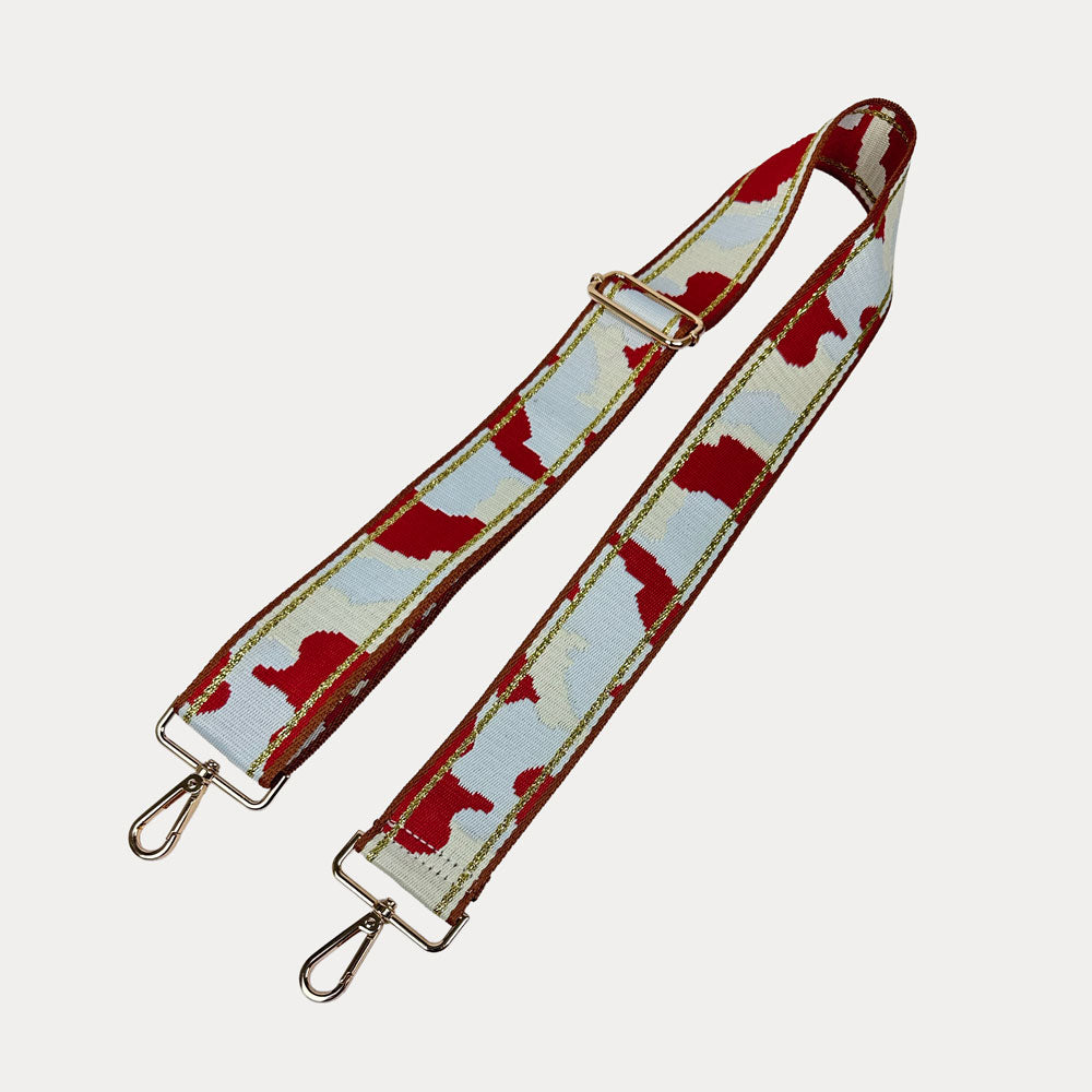 Red/Cream camouflage patterned strap with metal clasps