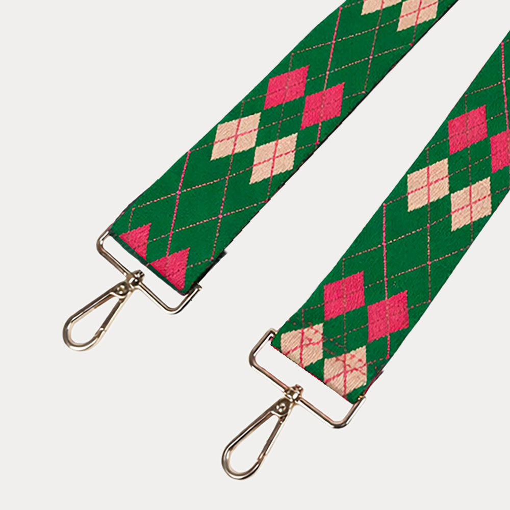 Green, Pink, Light Pink Argyle Pattern Bag Strap with gold metal clasps on a white background