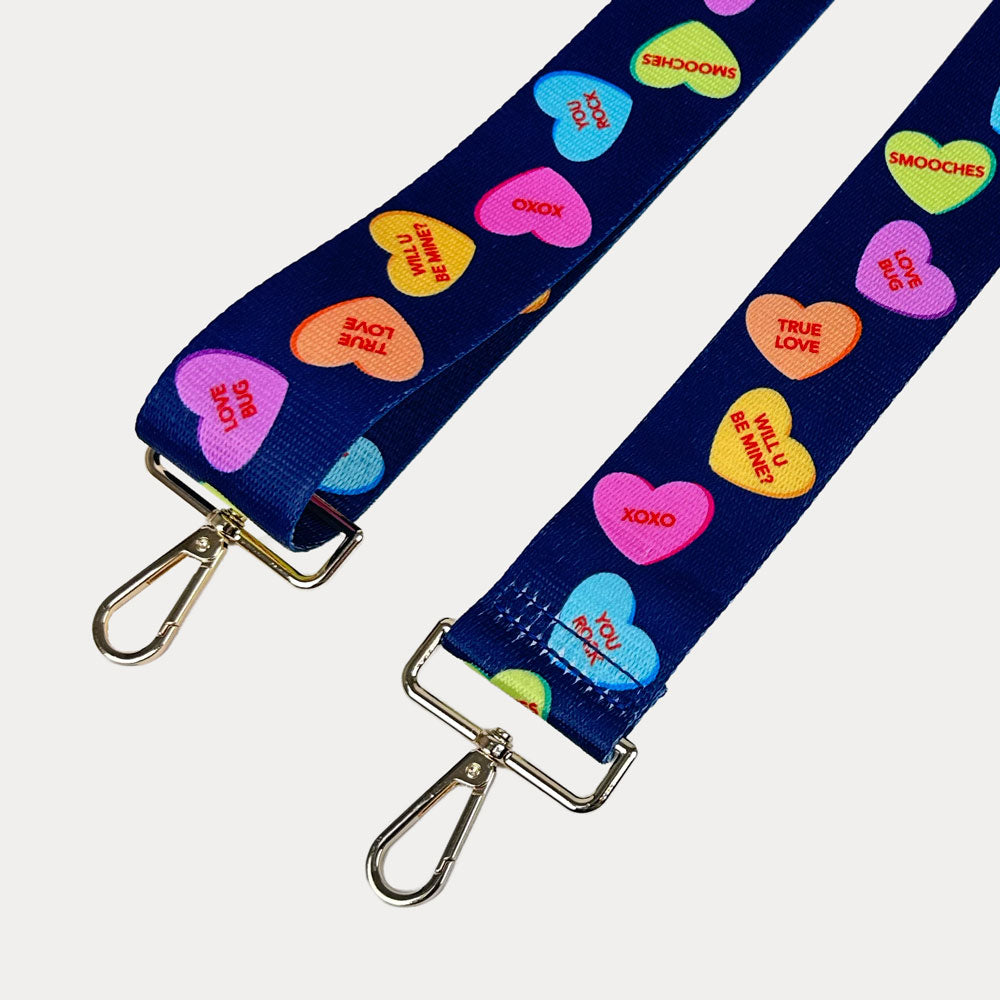 Navy ground conversation heart print bag strap with gold metal clasps