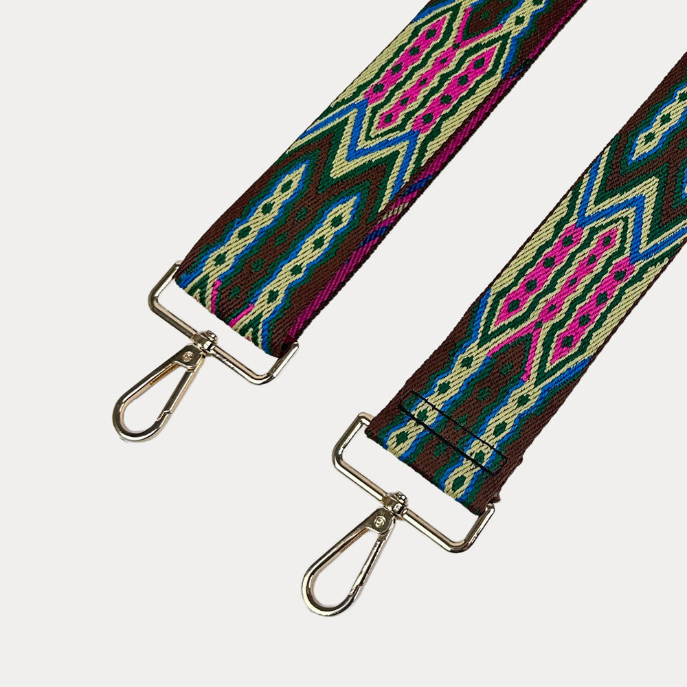 Brown, Pink, Blue patterned strap with gold hardware on a light grey background