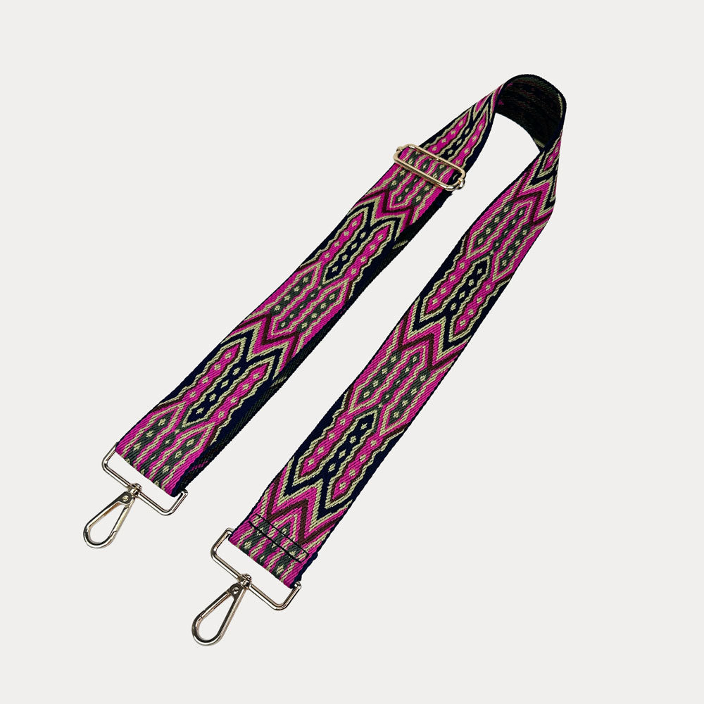 Pink, Black, Tan patterned strap with gold hardware on a light grey background