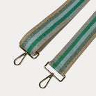 Gold, Green, White, Kelly, Pink metallic striped bag strap with gold hardware on a light grey background