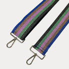Black, Green, Pink, Gold, Royal metallic striped bag strap with gold hardware on a light grey background