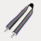 Black, Green, Pink, Gold, Royal metallic striped bag strap with gold hardware on a light grey background
