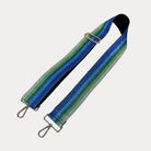 White, Lime, Green, Light Blue, Gold, Black metallic striped bag strap with gold hardware on a light grey background