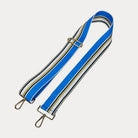 Aqua, Grey, and White striped bag strap with gold hardware light gray background
