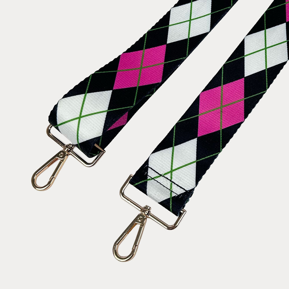 Pink, White, Black Argyle Print with gold hardware bag strap