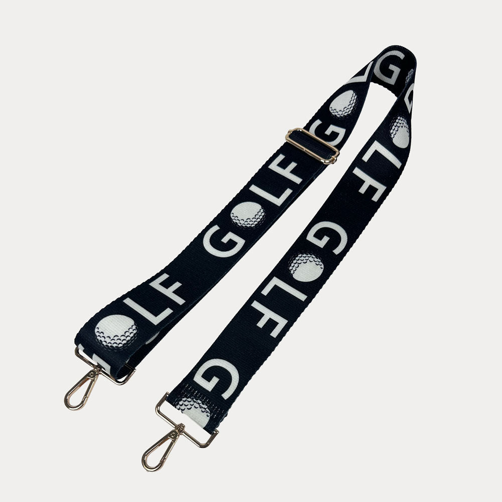 Black ground with text Golf graphics  with gold hardware bag strap