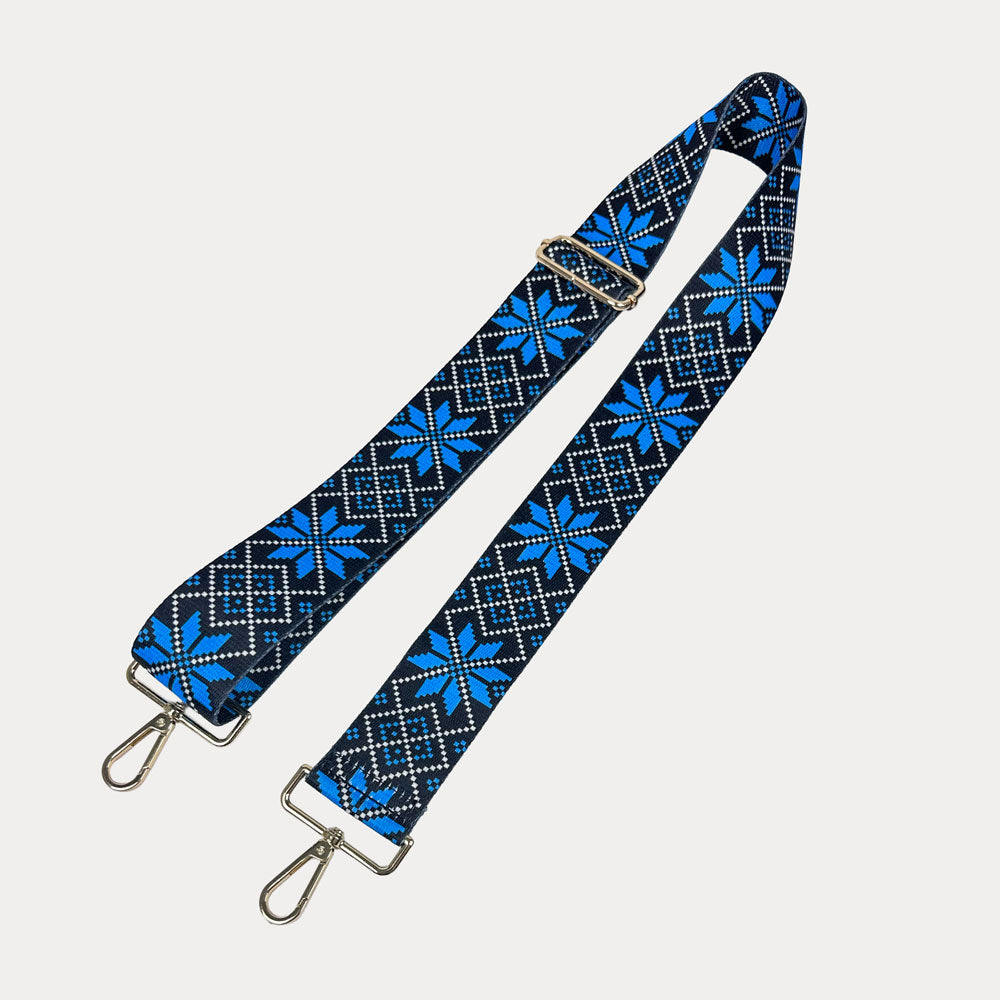 Blue snowflake printed bag strap with gold hardware