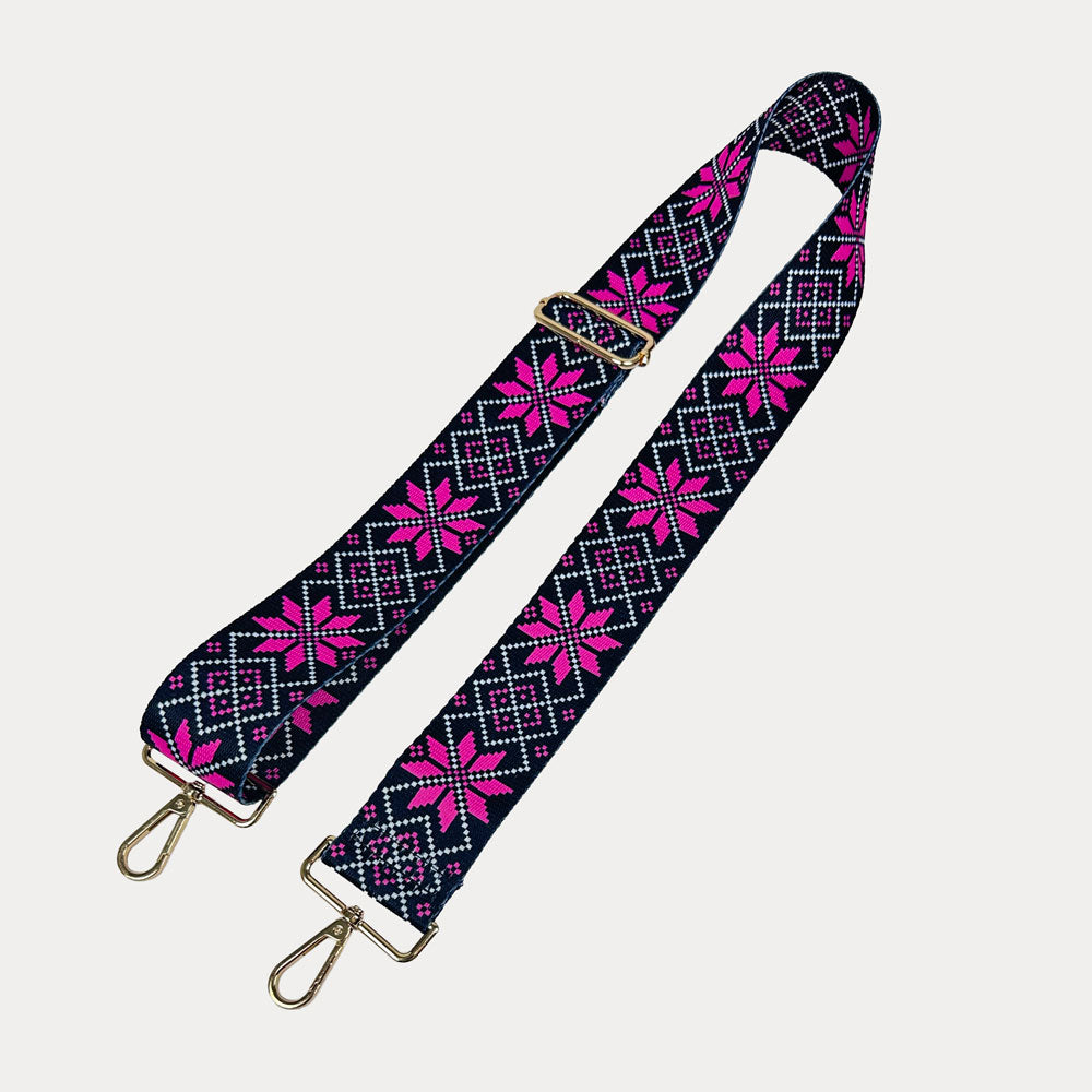 Pink snowflake printed bag strap with gold hardware