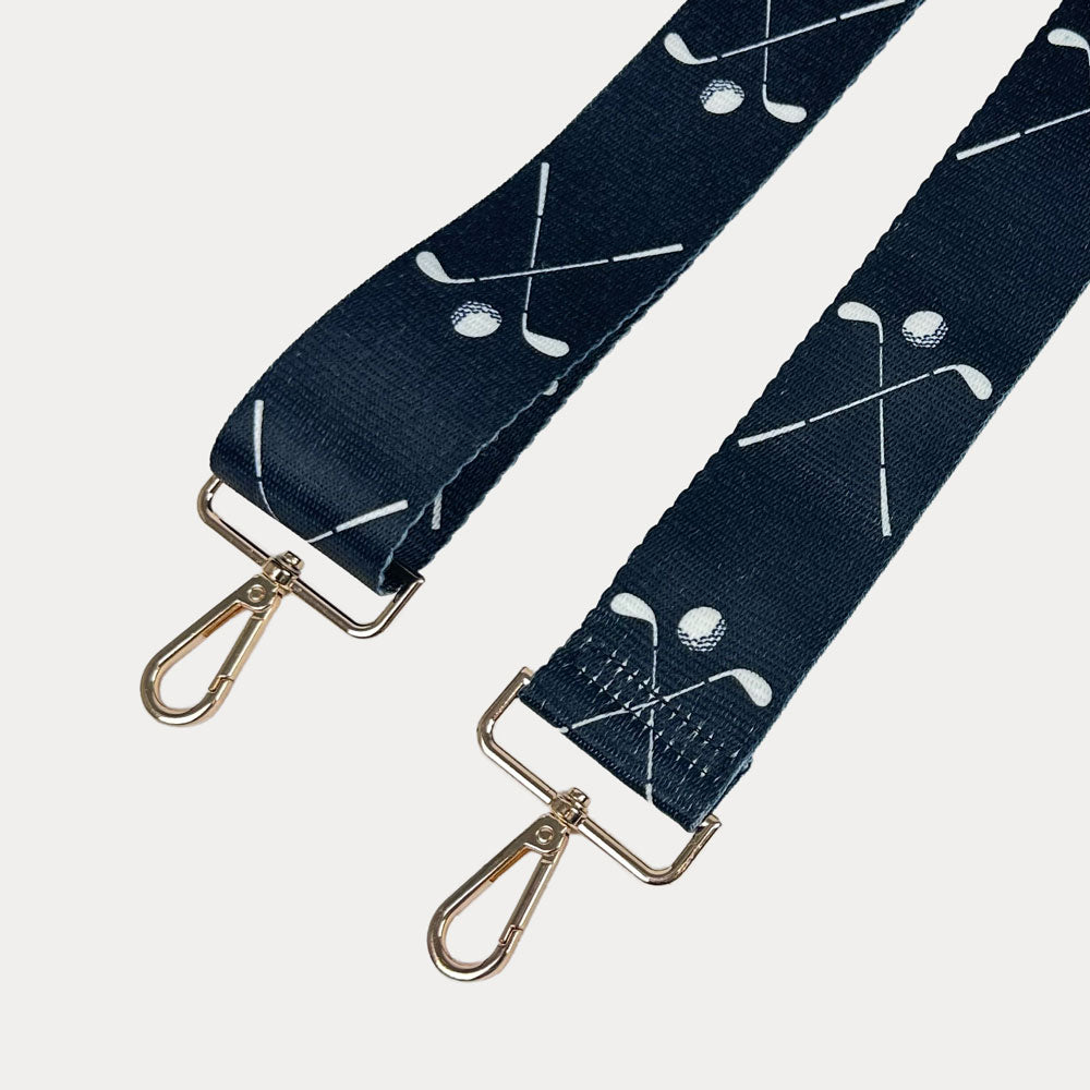 Black ground with Golf Club graphics  with gold hardware bag strap