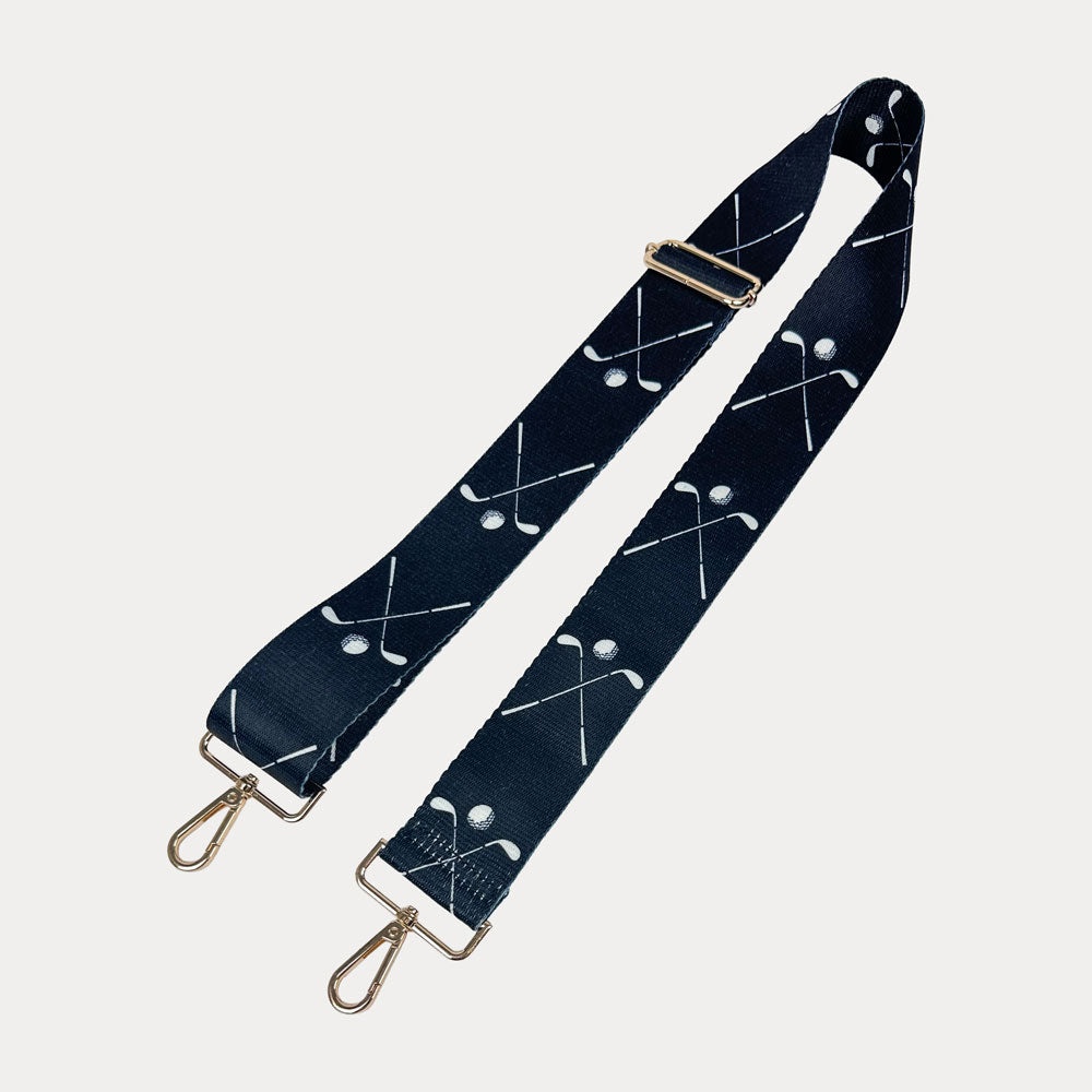 Black ground with Golf Club graphics  with gold hardware bag strap