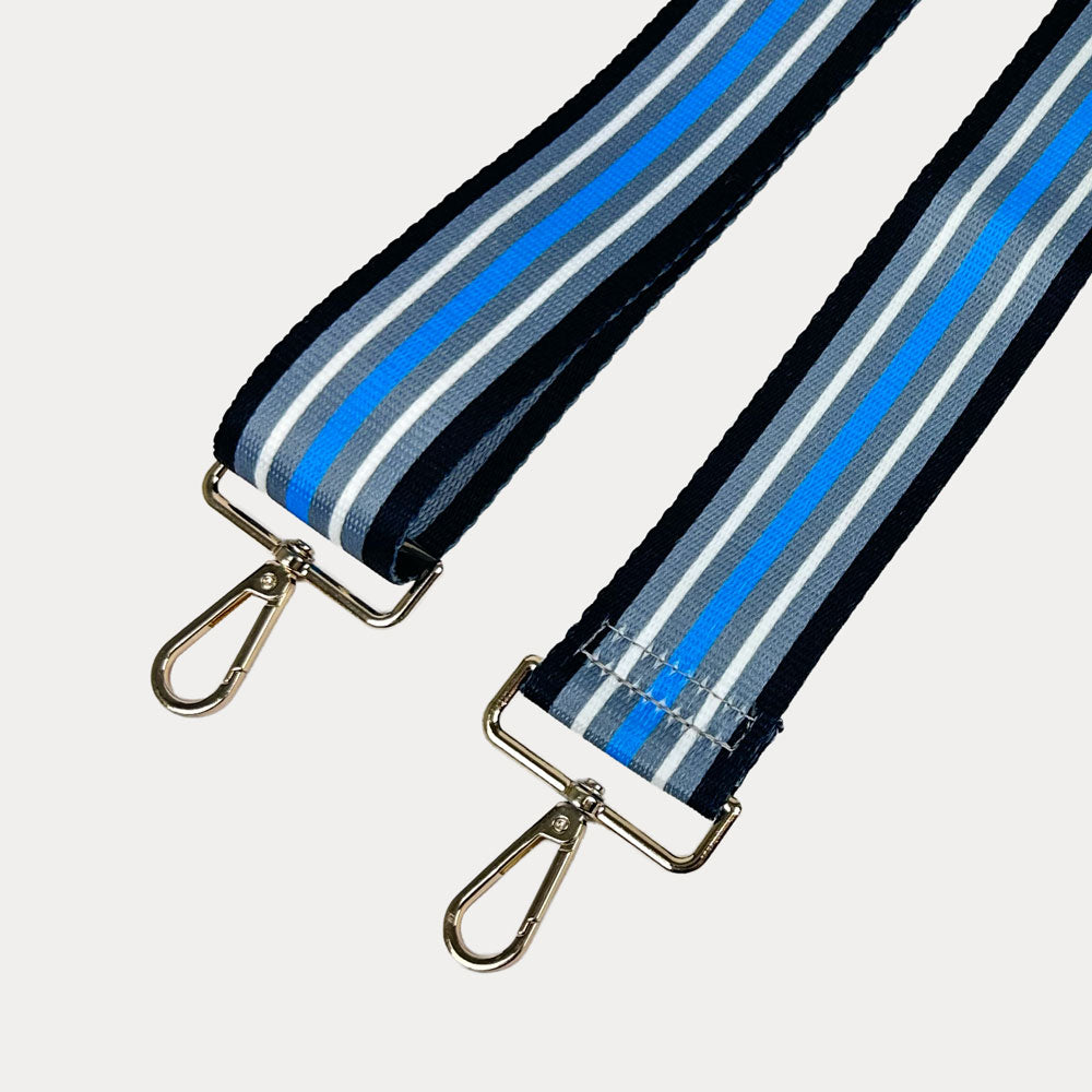 Blue, Grey, Black, White printed striped bag strap with gold hardware