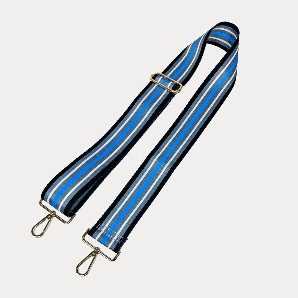 Blue, Grey, Black, White printed striped bag strap with gold hardware
