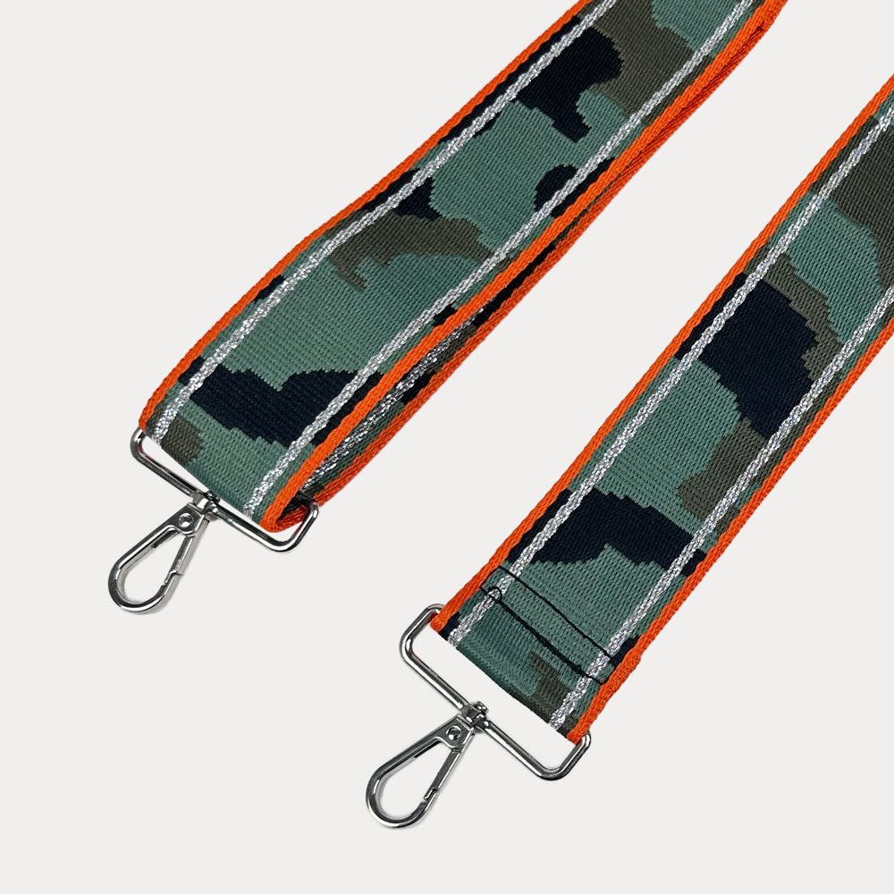 Army Camouflage-patterned with orange stripe strap with sliver metal clasps on a light gray background