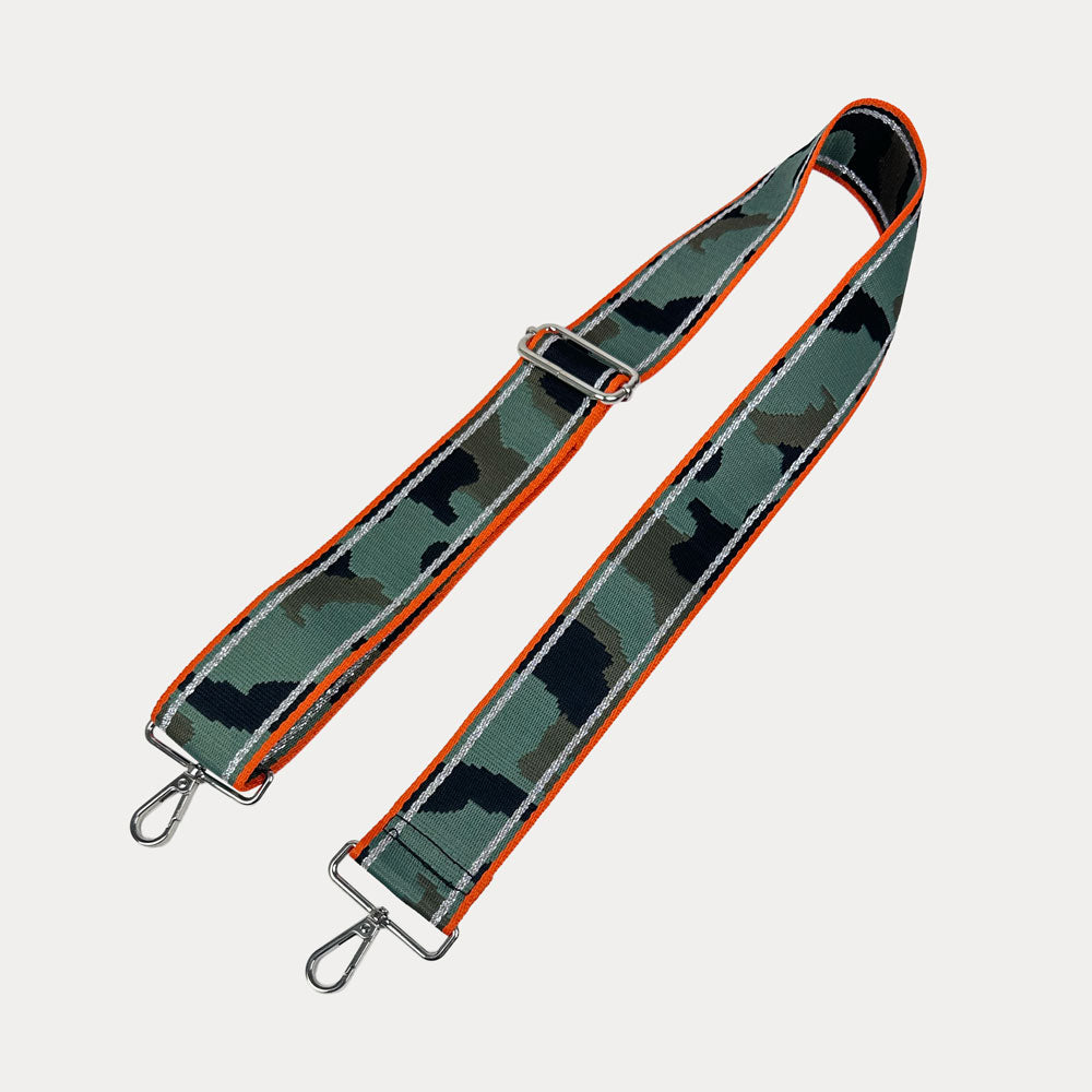 Army Camouflage-patterned with orange stripe strap on a light gray background
