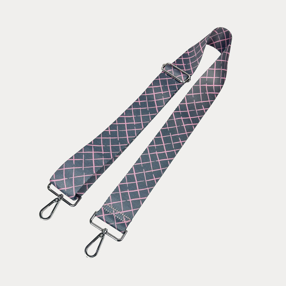 Grey and pink patterned strap with silver hardware on a white background